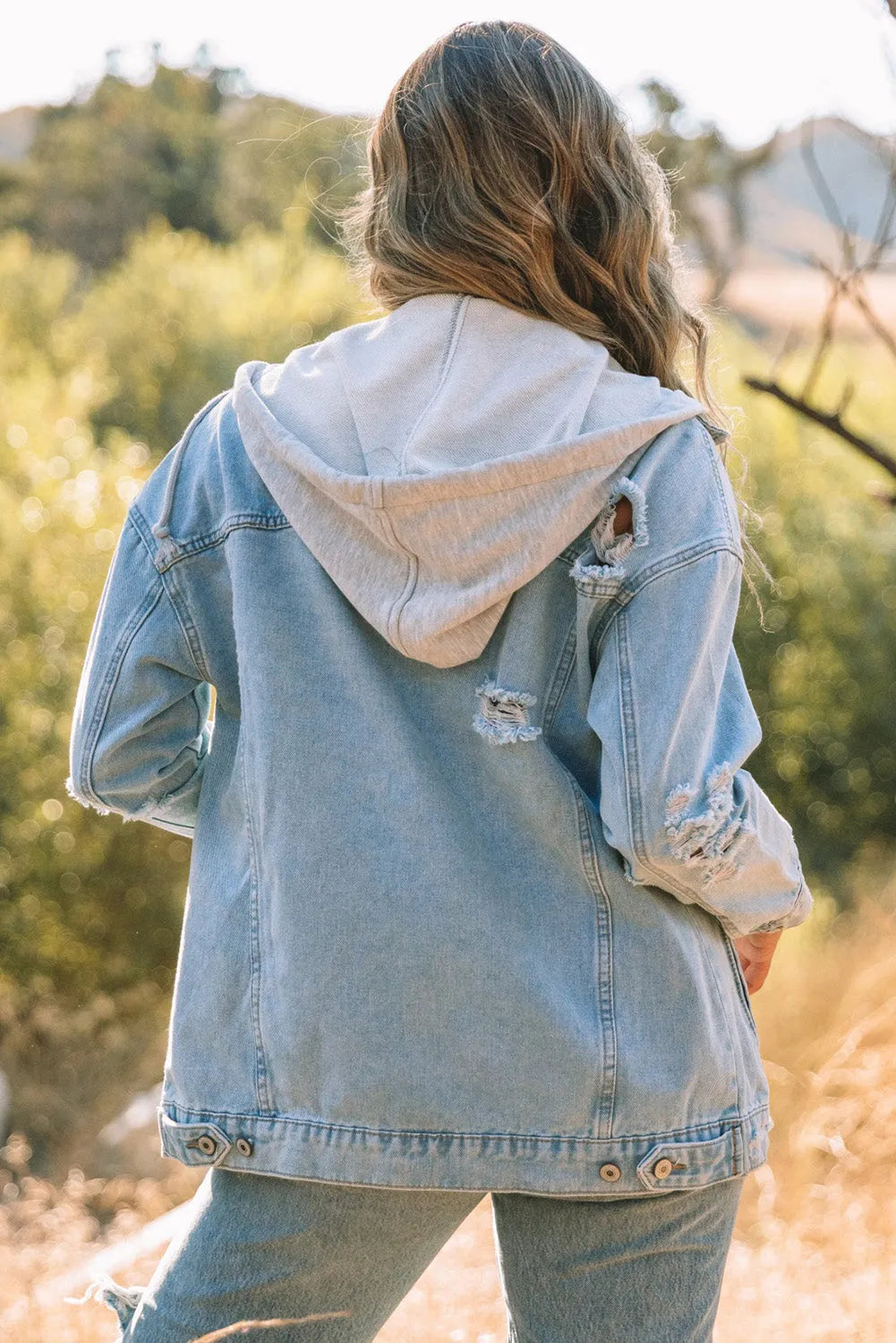 Sky Blue Button Closure Ripped Hooded Denim Jacket - Chic Meadow Boutique 