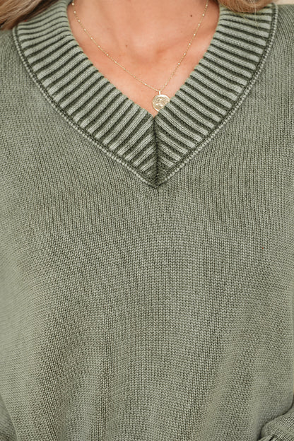 Four Leaf Clover Mineral Wash V Neck Knit Exposed Seam Drop Shoulder Loose Sweater