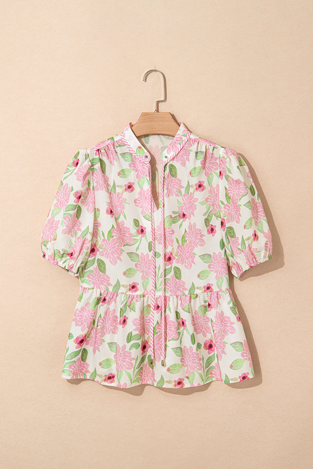 Pink Floral Print Drawstring V Neck Peplum Blouse