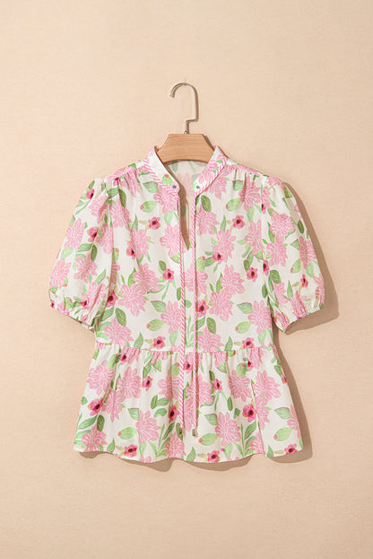 Pink Floral Print Drawstring V Neck Peplum Blouse