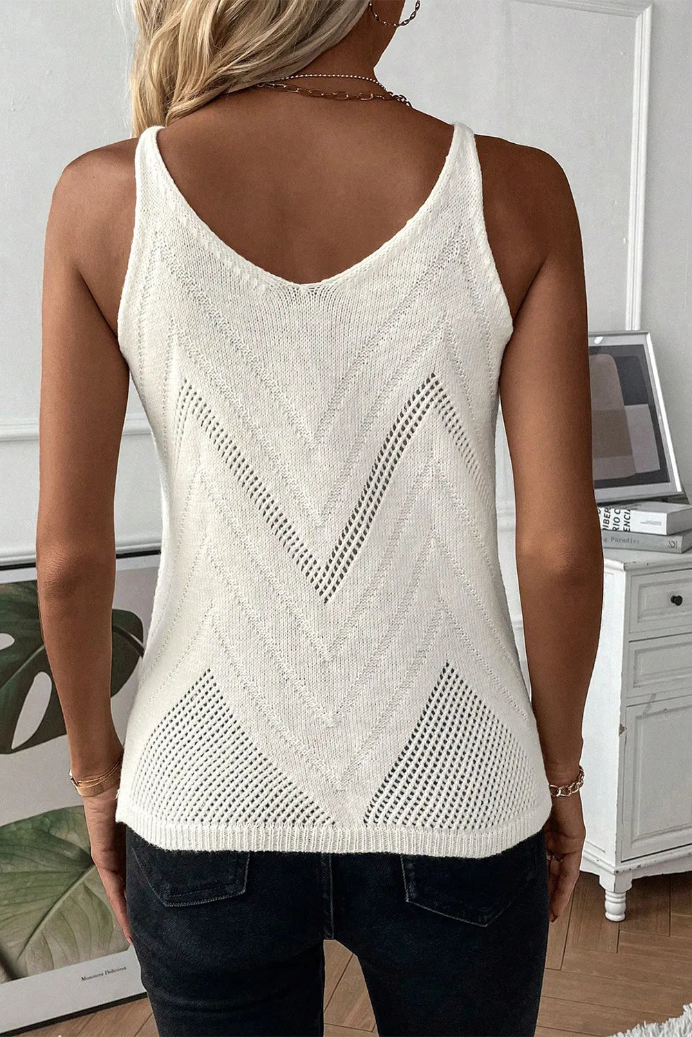 White Chevron Pointelle Knit Spaghetti Straps Sweater Vest - Chic Meadow Boutique 