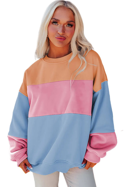 Sky Blue Colorblock Patchwork Drop Shoulder Sweatshirt - Chic Meadow Boutique 