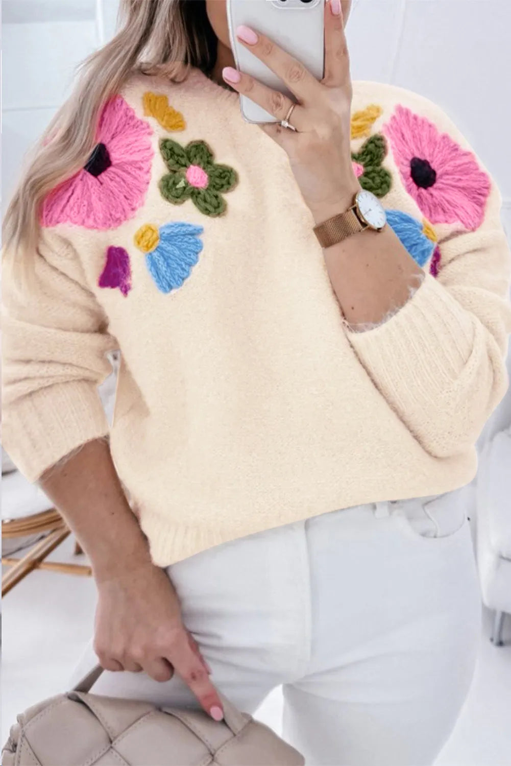 Beige Plus Size Crochet Flower Pullover Sweater - Chic Meadow Boutique 