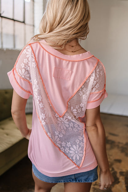 Light Pink Lace Patchwork Exposed Seam V Neck T Shirt