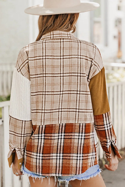 Orange Plaid Color Block Patchwork Shirt Jacket with Pocket - Chic Meadow Boutique 