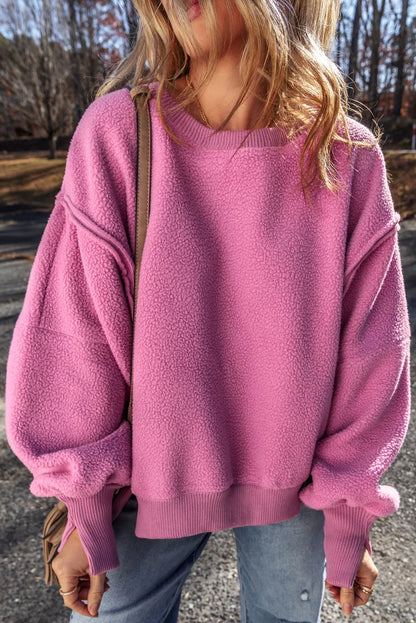 Bright Pink Sherpa Seamed Drop Shoulder Oversized Sweatshirt - Chic Meadow Boutique 