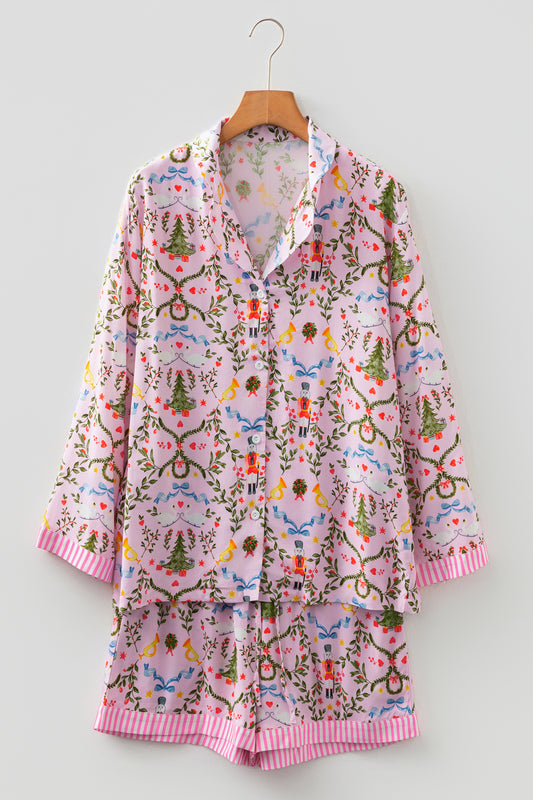 Pink Christmas Holiday Print Nutcracker Long Sleeve Shorts 2pcs Pajama Set