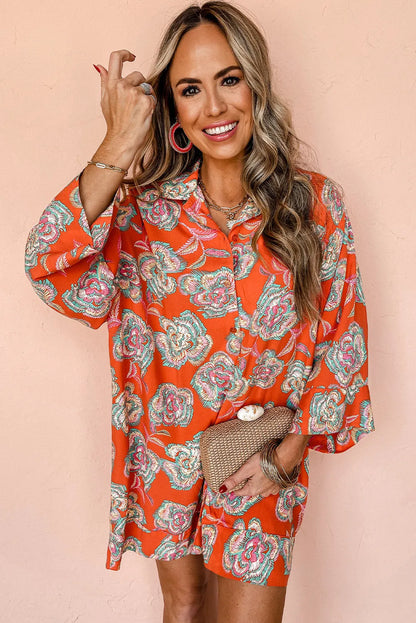 Red Floral Print Lapel Collar Loose Shirt Mini Dress - Chic Meadow Boutique 