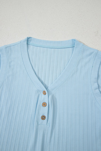 Beau Blue Ribbed Button V Neck Tank Top and Shorts Set