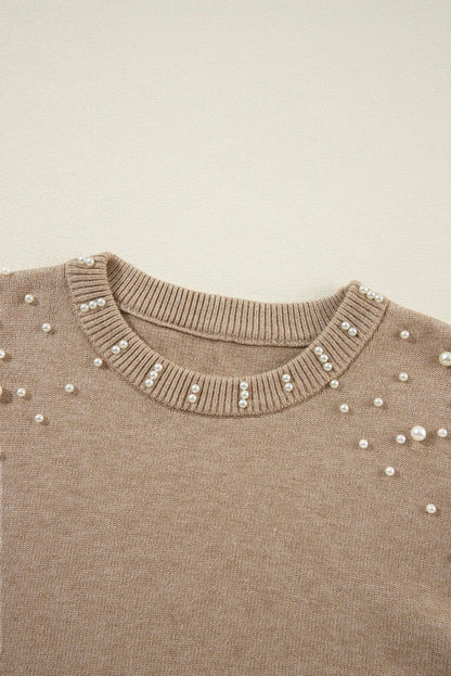 Smoke Gray Pearled Drop Shoulder Round Neck Sweater - Chic Meadow Boutique 