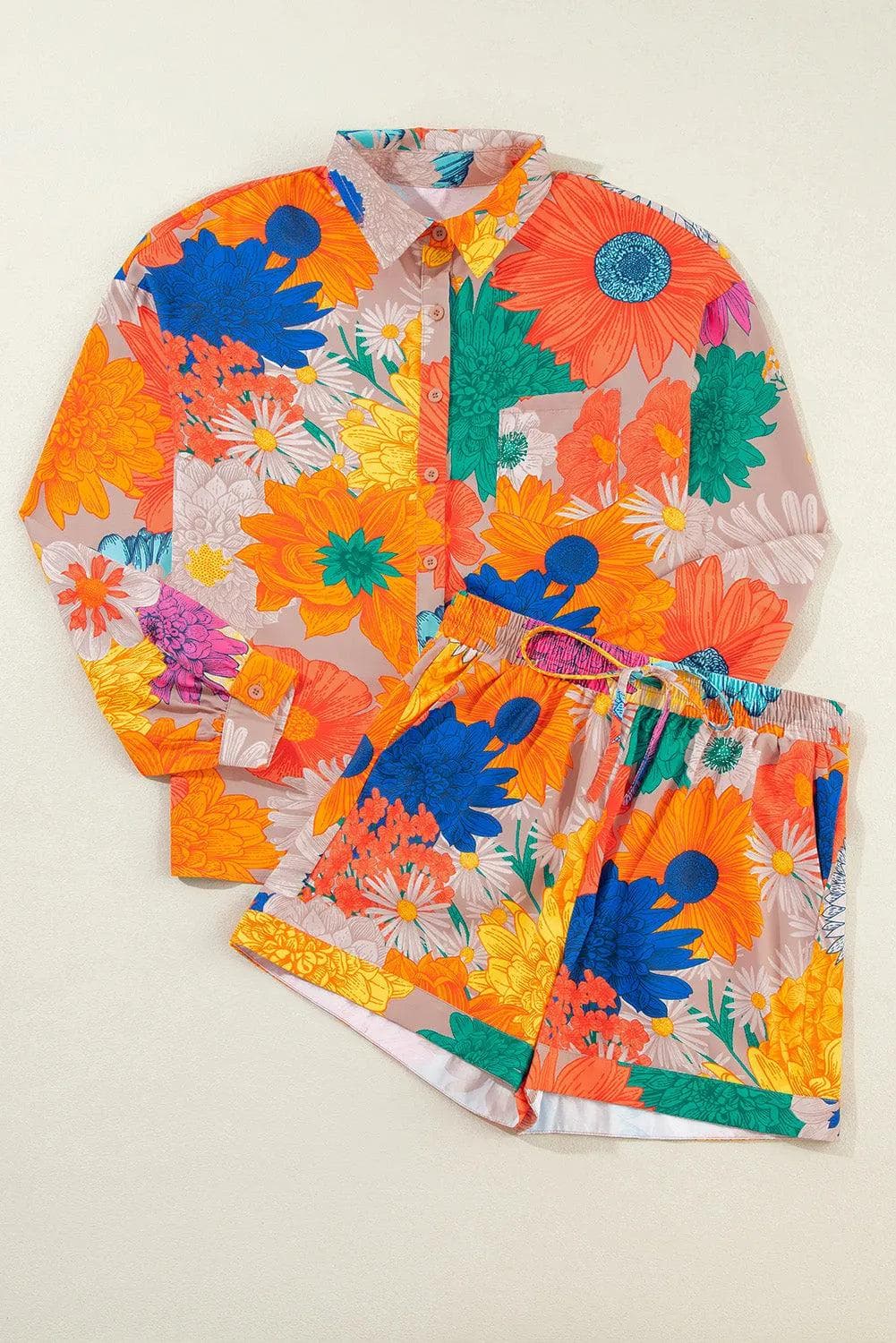 Two Piece Sets/Short Sets Orange Floral Printed Shirt Two Piece Drawstring Shorts Set