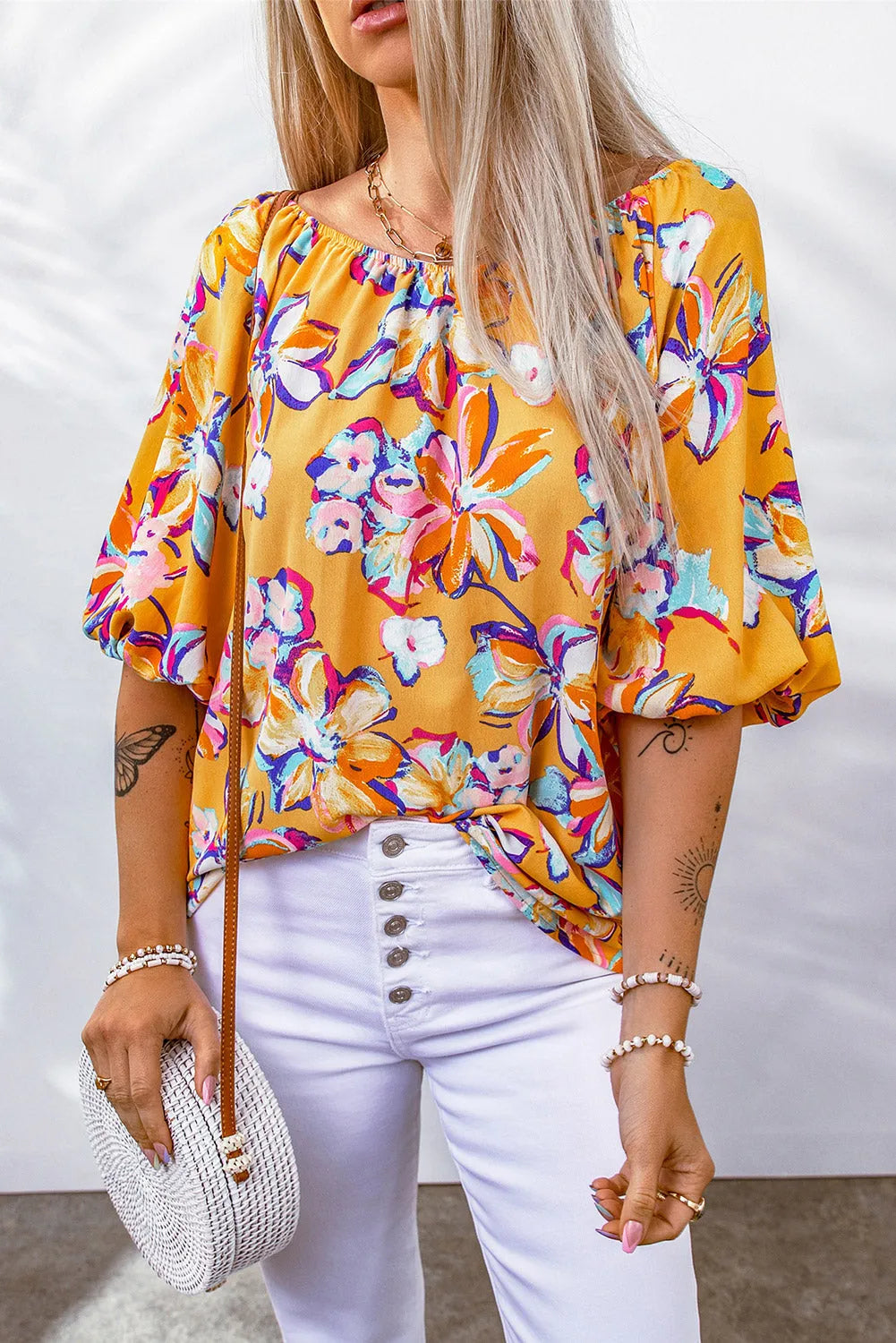 Yellow Floral Print Elastic Neckline Blouse - Chic Meadow Boutique 