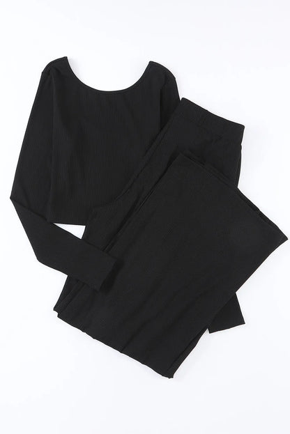 Black Solid Color Ribbed Crop Top Long Pants Set - Chic Meadow Boutique 