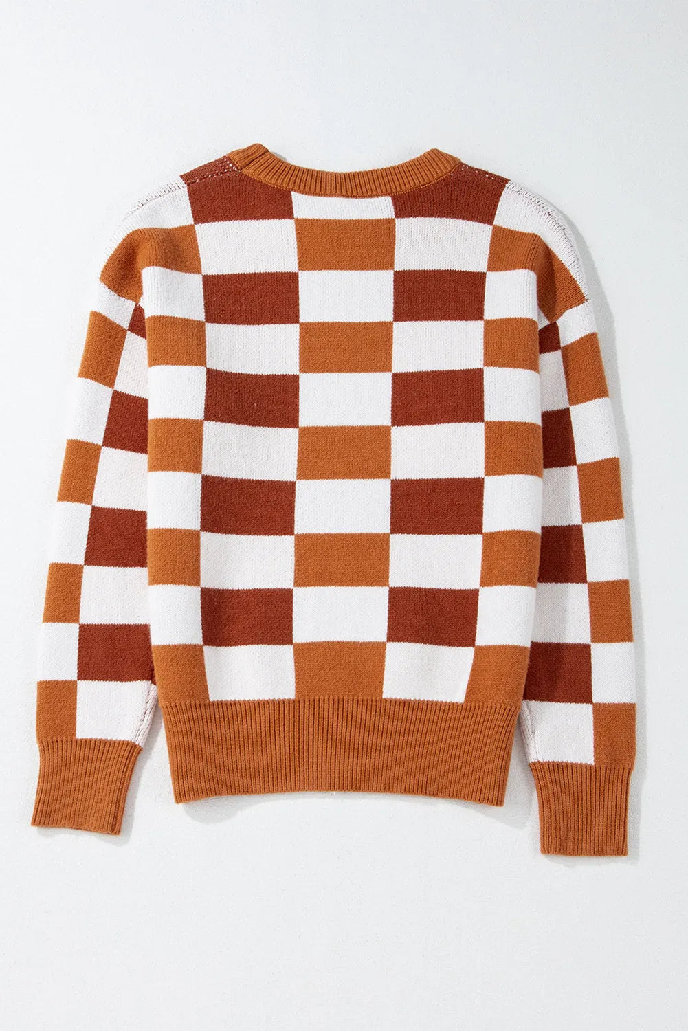 Orange Checkered Ribbed Edge O Neck Drop Shoulder Sweater - Chic Meadow Boutique 