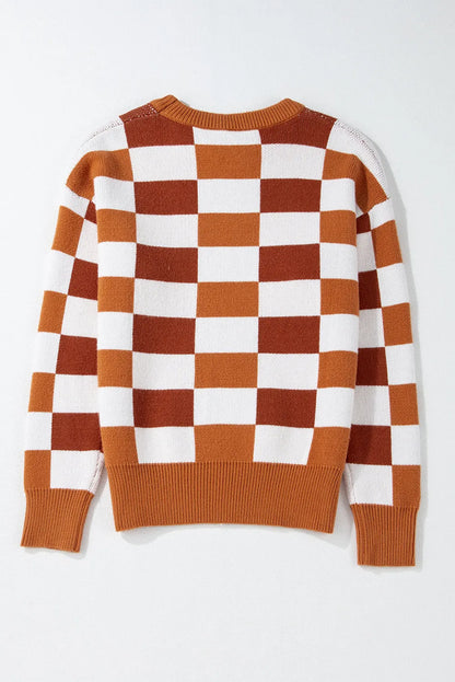 Orange Checkered Ribbed Edge O Neck Drop Shoulder Sweater - Chic Meadow Boutique 