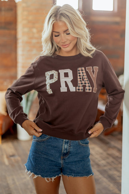 Coffee Floral Buffalo Plaid Striped Embroidered Patch Western Pullover Sweatshirt