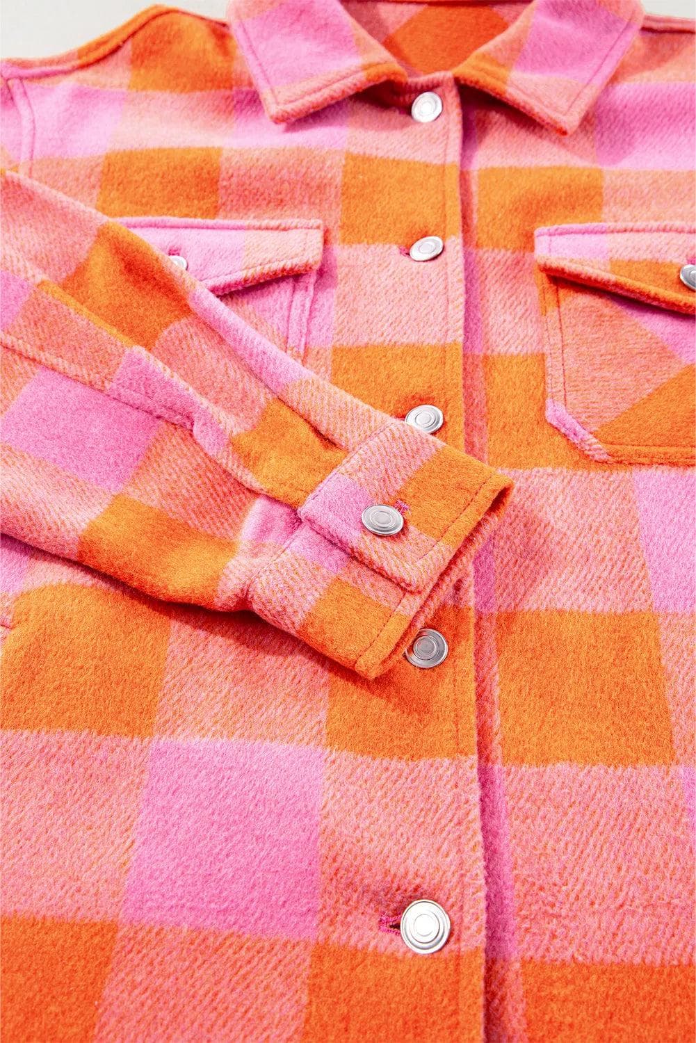 Outerwear/Jackets Orange Plaid Chest Pockets Button-up Turn Down Collar Jacket