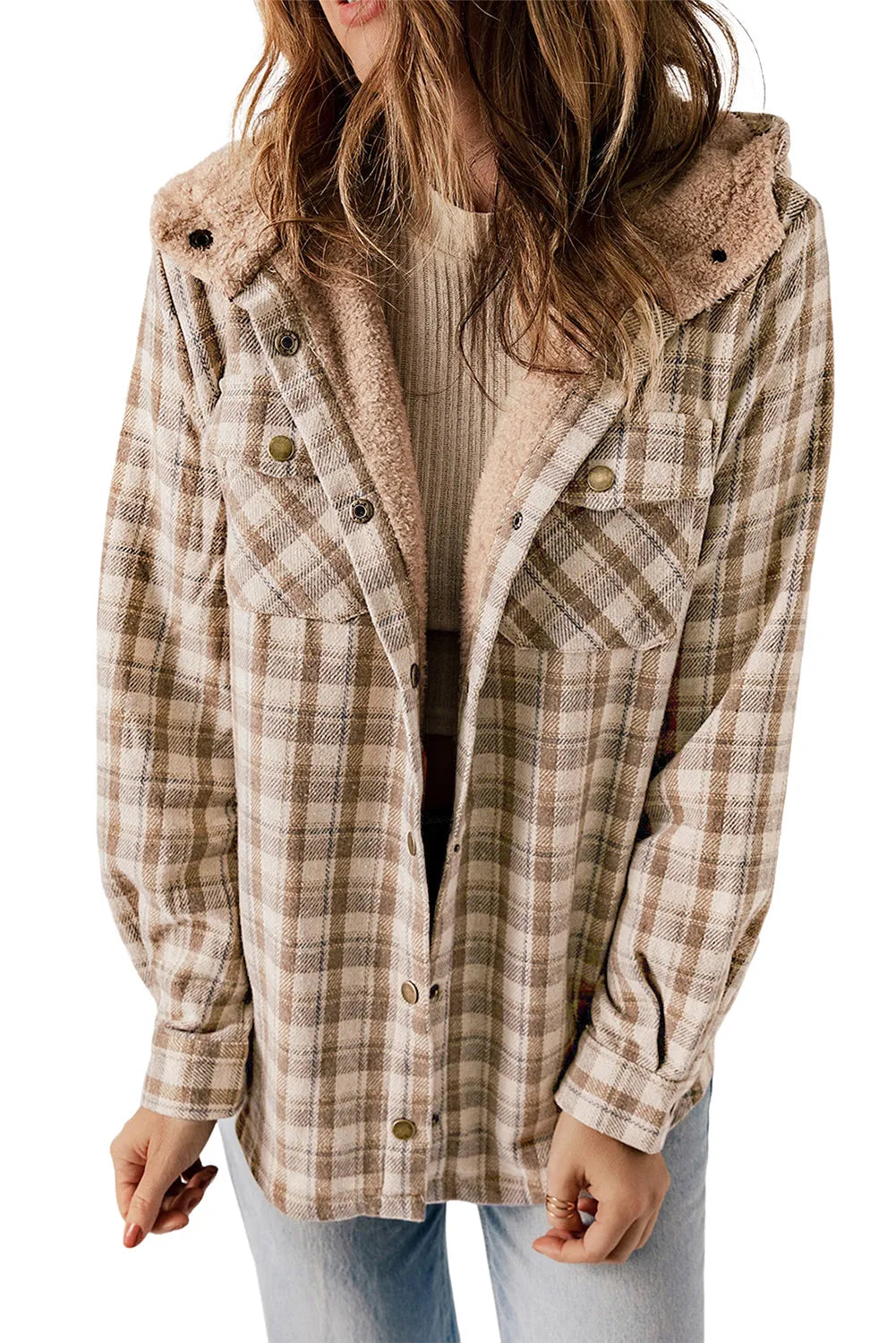 Khaki Plaid Pattern Sherpa Lined Hooded Shacket - Chic Meadow Boutique 