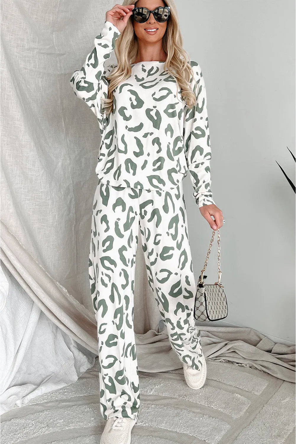 Beige Leopard Animal Print Long Sleeve and Pants Loungewear Set - Chic Meadow Boutique 