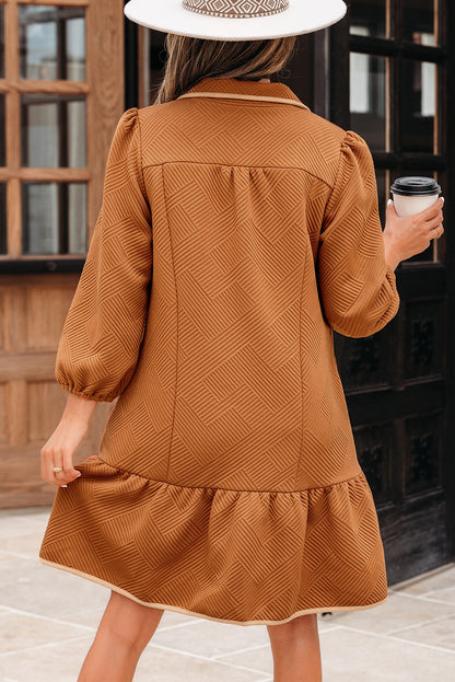 Desert Gold Quarter Zip Collar Bracelet Sleeve Textured Mini Dress