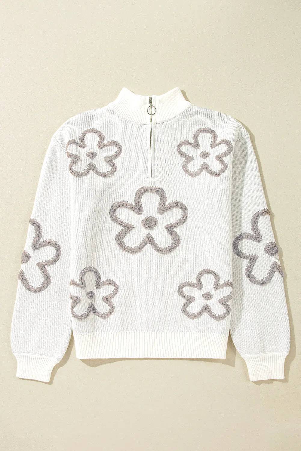 White Contrast Flower Half Zipper Stand Neck Sweater - Chic Meadow Boutique 