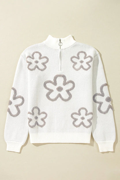 White Contrast Flower Half Zipper Stand Neck Sweater - Chic Meadow Boutique 