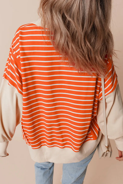 Orange Stripe Color Block Loose Fit Collared Drop Shoulder Sweatshirt - Chic Meadow Boutique 