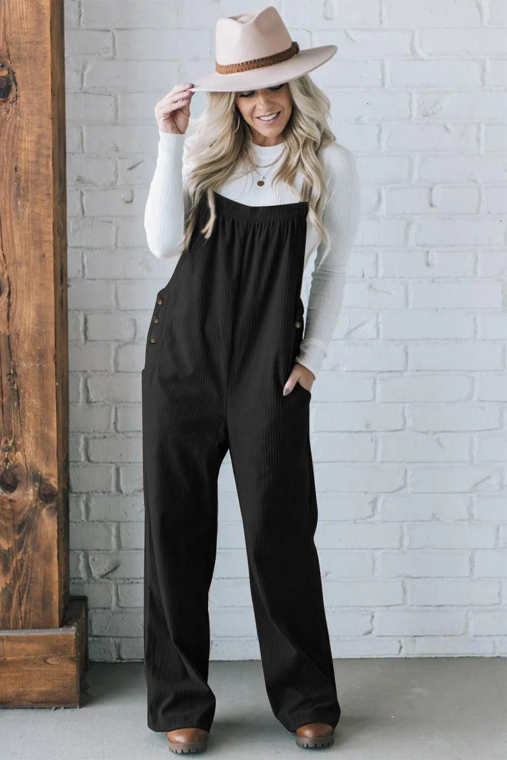 Black Solid Pocketed Loose Fit Corduroy Overall - Chic Meadow Boutique 