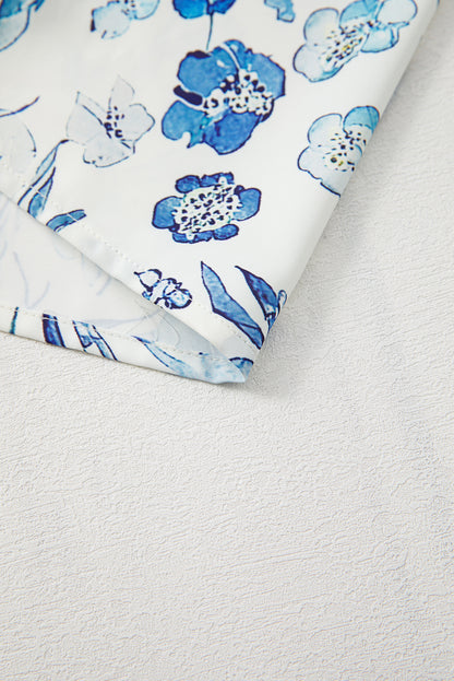 Sky Blue Floral Print Ruffled Short Sleeve Blouse