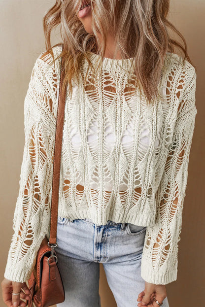 White Cut Out Crochet Crew Neck Loose Fit Sweater - Chic Meadow Boutique 