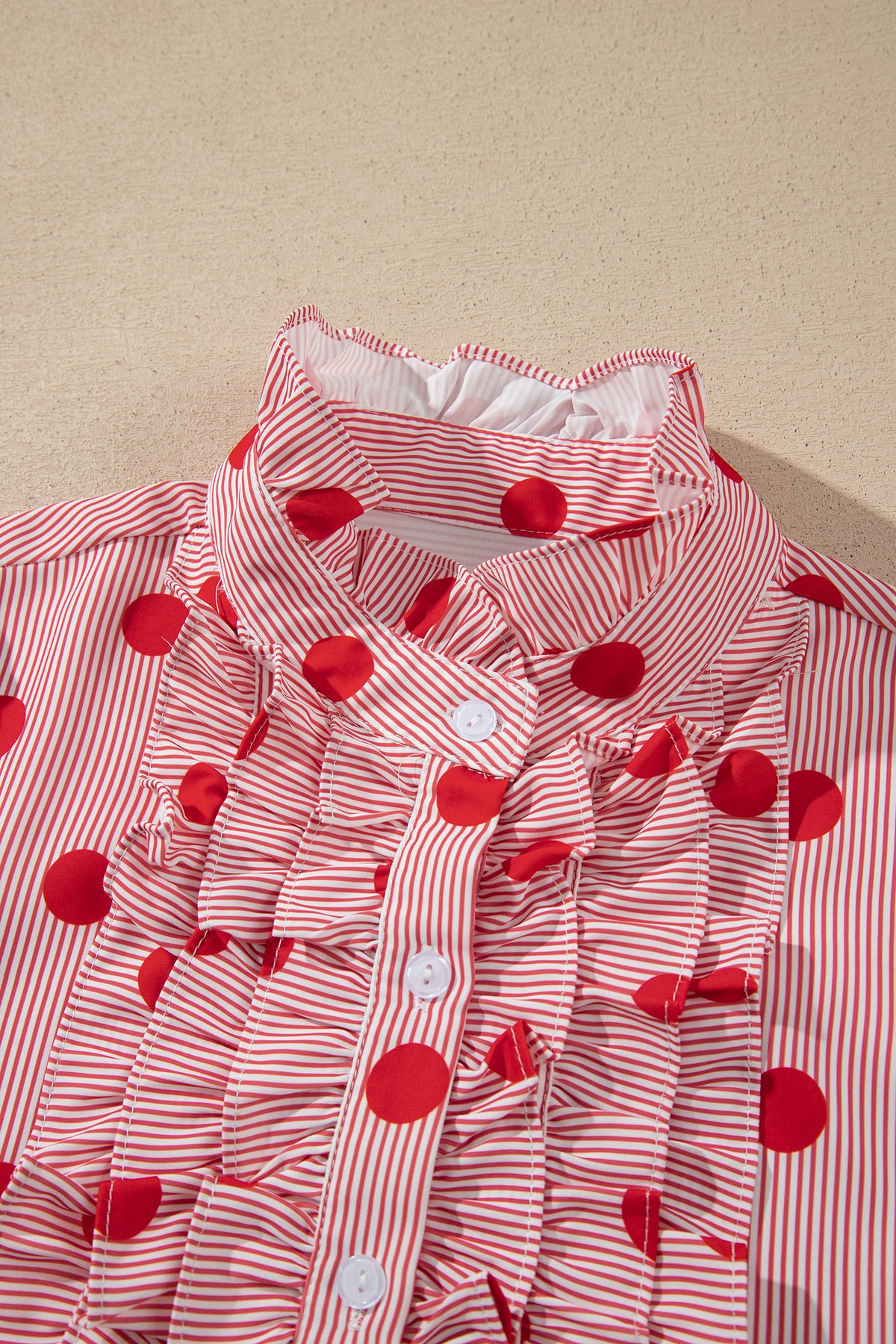 Fiery Red Polka Dot Striped Print Ruffle Stand Neck 3/4 Sleeve Shift Shirt