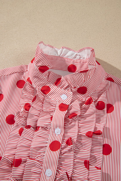 Fiery Red Polka Dot Striped Print Ruffle Stand Neck 3/4 Sleeve Shift Shirt