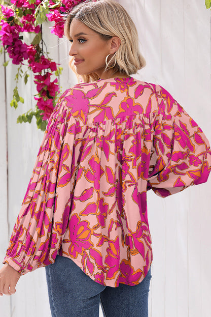 Pink Floral Print Batwing Sleeve Buttoned Loose Fit Shirt