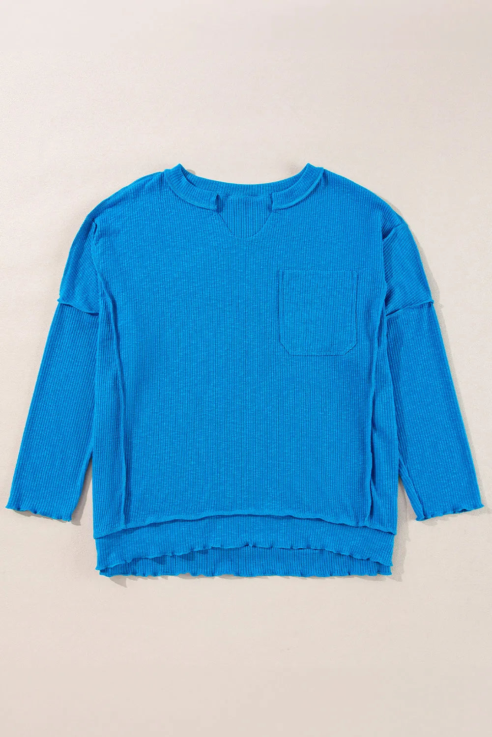 Blue Ribbed Exposed Seam Knit V Neck Long Sleeve Top - Chic Meadow Boutique 