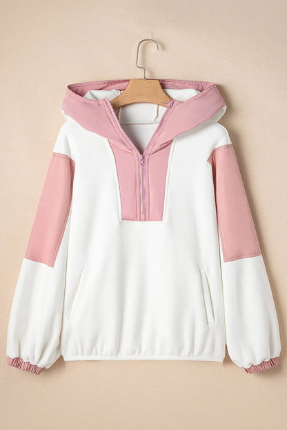 White Colorblock Patchwork Half Zip Oversized Sherpa Hoodie - Chic Meadow Boutique 