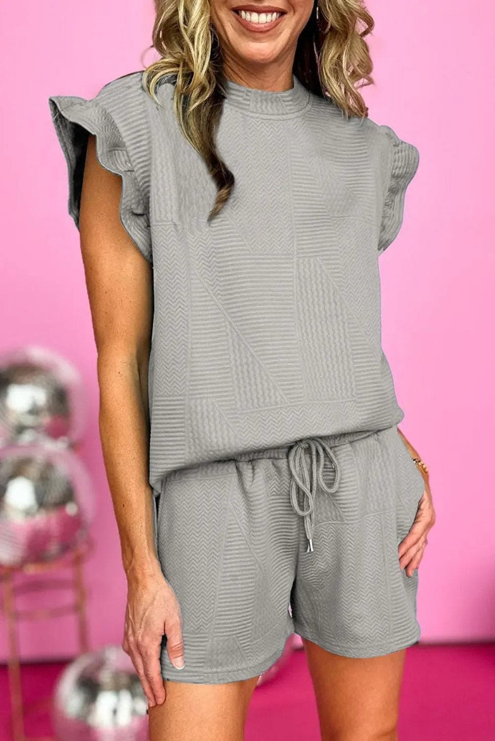 Two Piece Sets/Short Sets Gray / S / 95%Polyester+5%Elastane Gray Textured Ruffle Split Top and Drawstring Shorts