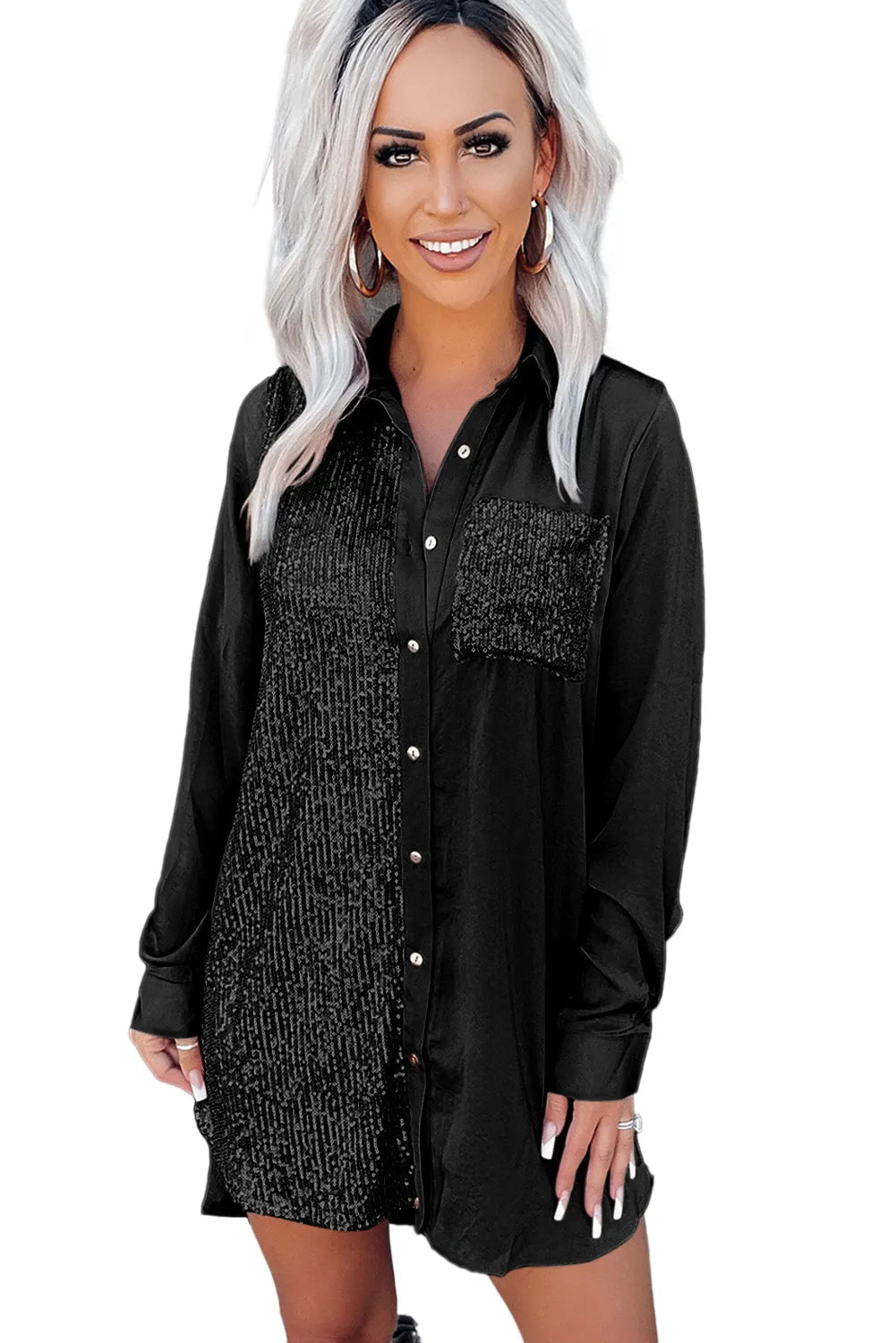 Black Sequin Splicing Pocket Buttoned Shirt Dress - Chic Meadow Boutique 