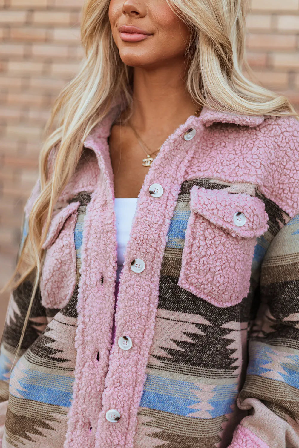 Pink Western Aztec Print Sherpa Splicing Buttoned Flap Pocket Coat - Chic Meadow Boutique 