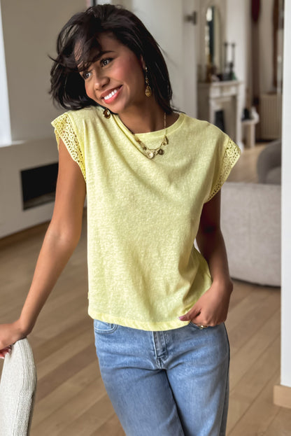 Yellow Cream Lace Patchwork Cap Sleeve Round Neck T Shirt