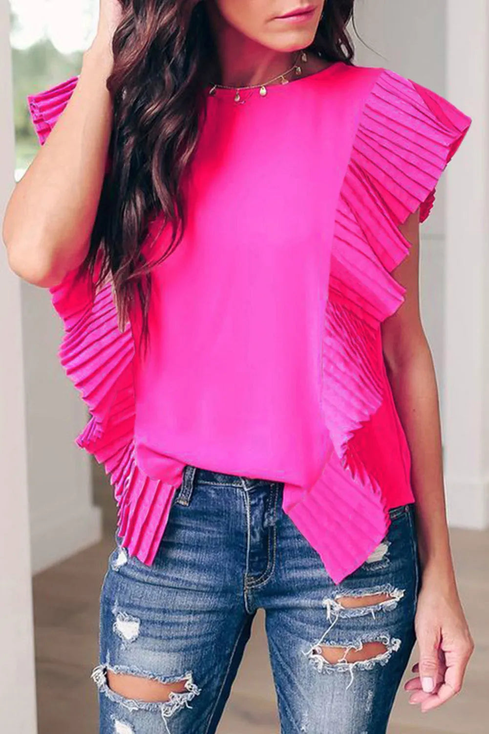 Bright Pink Pleated Ruffle Patchwork Sleeveless Blouse - Chic Meadow Boutique 