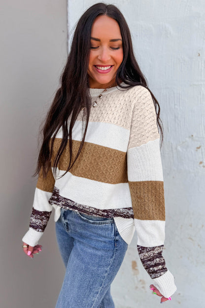 Brown Mixed Texture Knit Striped Color Block Loose Sweater