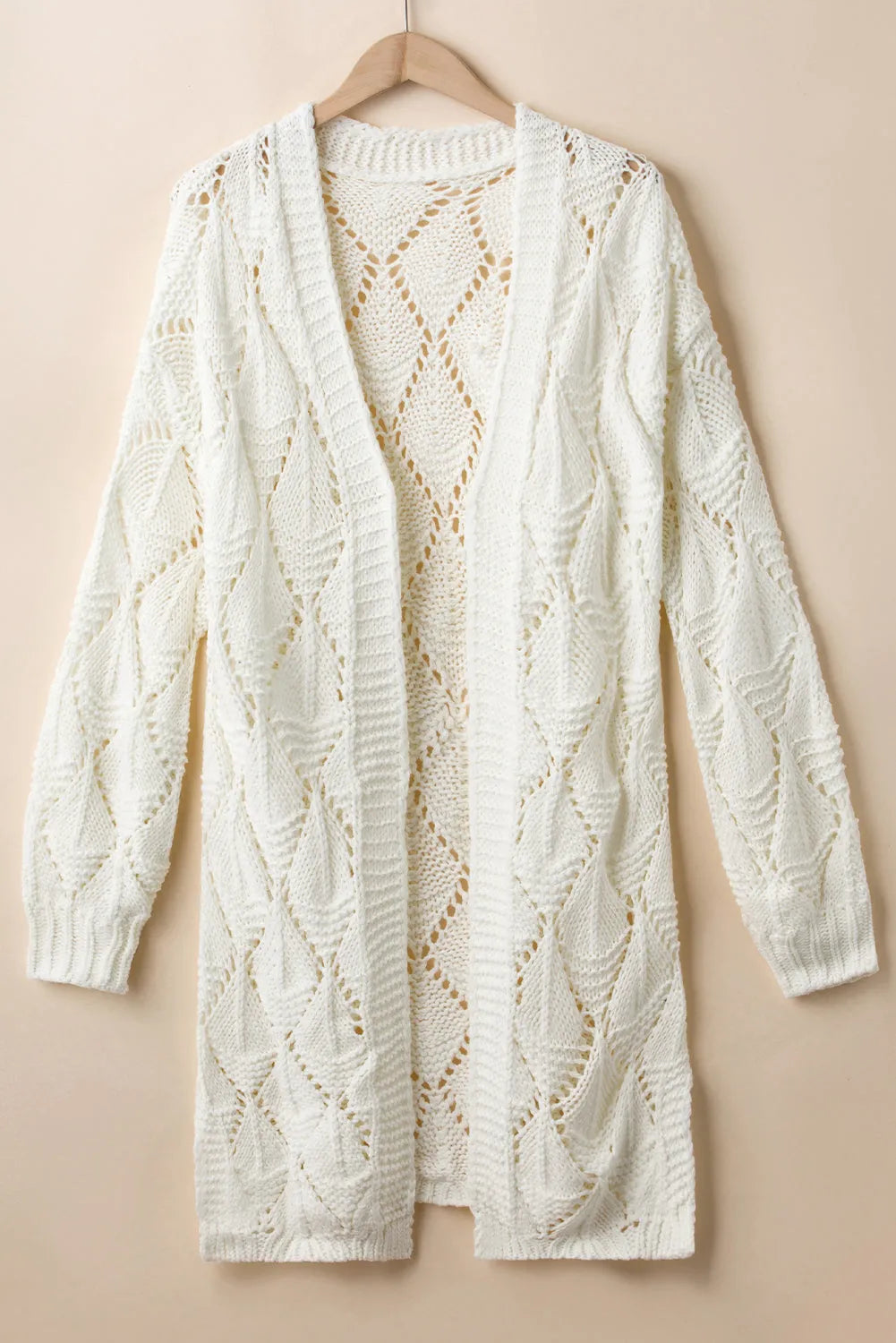 White Rhombus Hollowed Knit Open Front Cardigan - Chic Meadow Boutique 