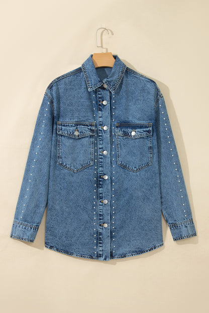 Sail Blue Rivet Embellished Western Style Regular Fit Long Sleeve Denim Jacket