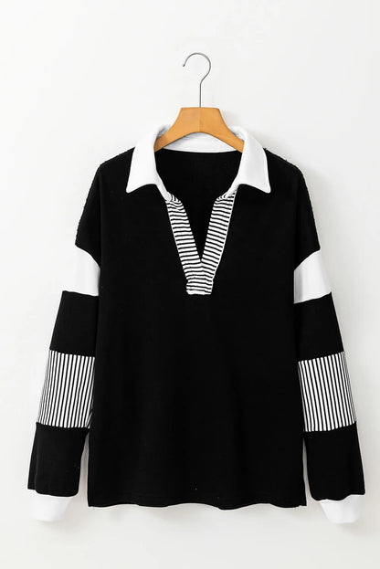 Black Striped Colorblock Patchwork Collar Sweatshirt - Chic Meadow Boutique 