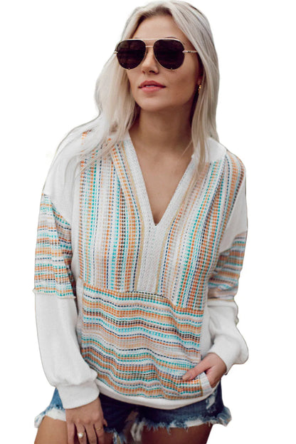 Multicolor Striped Patchwork V Neck Drop Shoulder Knit Hoodie - Chic Meadow Boutique 