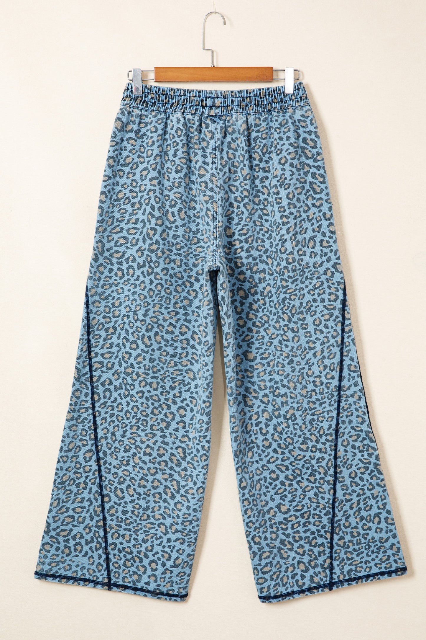Blue Leopard Print Exposed Seam Detail Wide Leg Drawstring Jeans