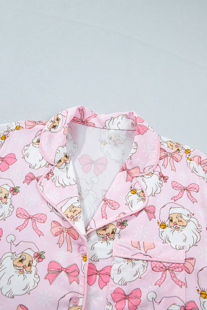 Pink Abstract Santa Print Long Sleeve Full-Length 2Pcs Lounge Set
