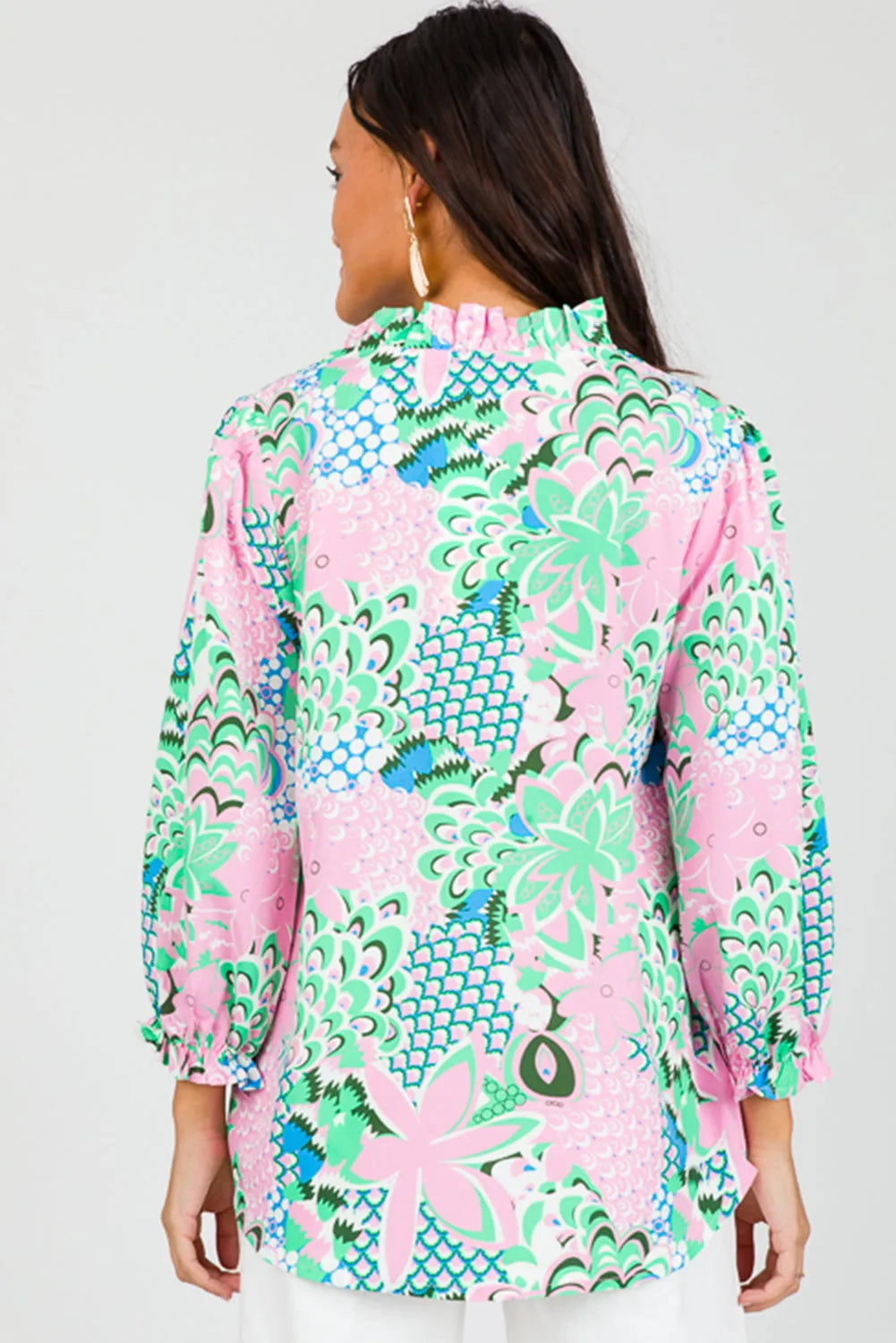 Green Floral Print V Neck Tied Loose Blouse - Chic Meadow Boutique 