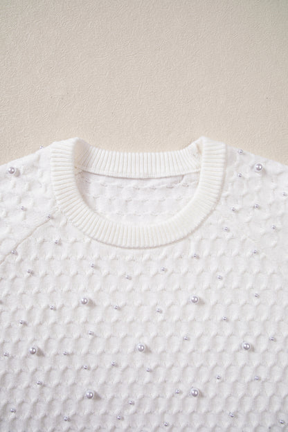 White Solid Textured Knit Pearl Embellished Pullover Sweater