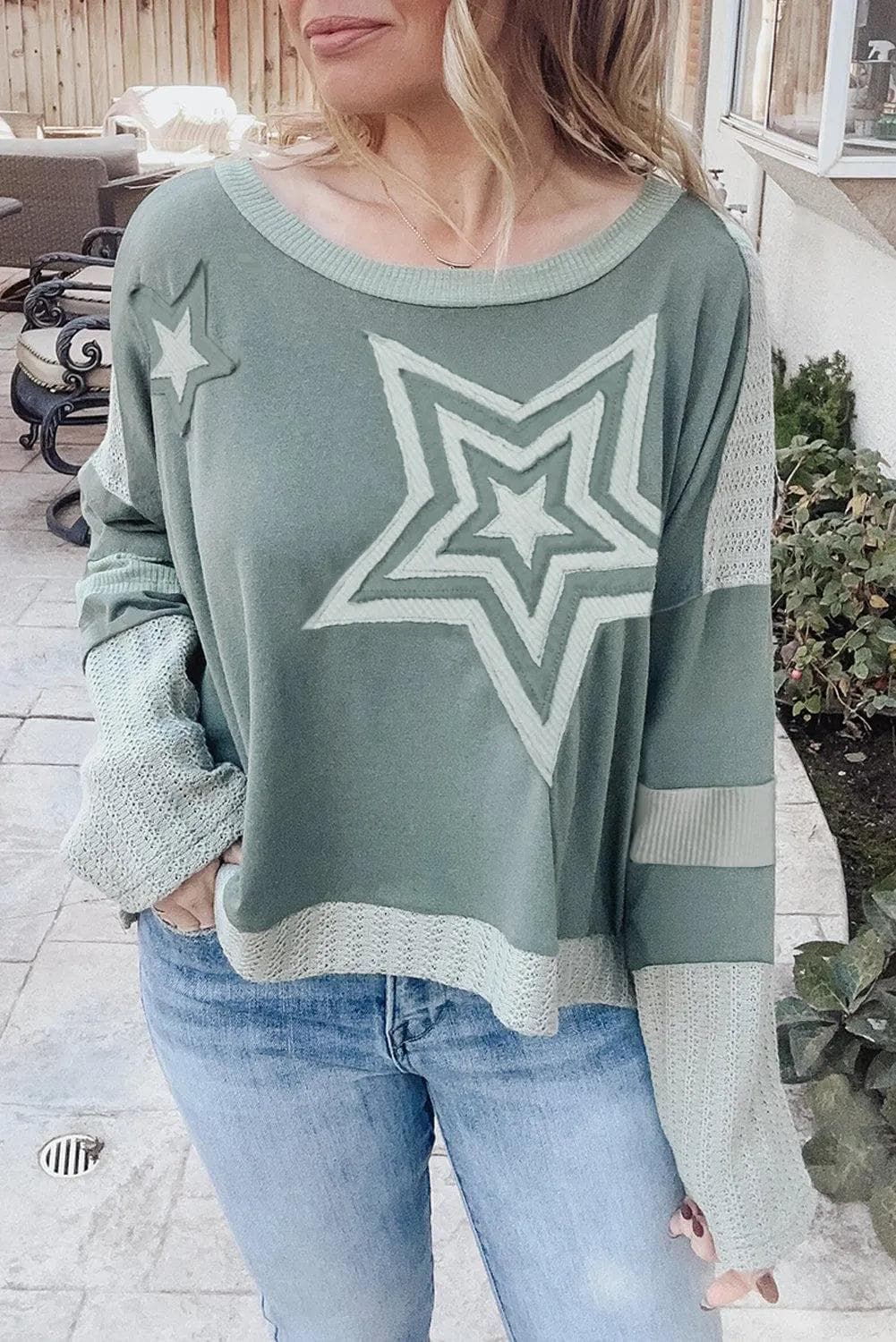 Plus Size/Plus Size Tops/Plus Size Long Sleeve Tops Mist Green Stars Patchwork Round Neck Plus Size T Shirt